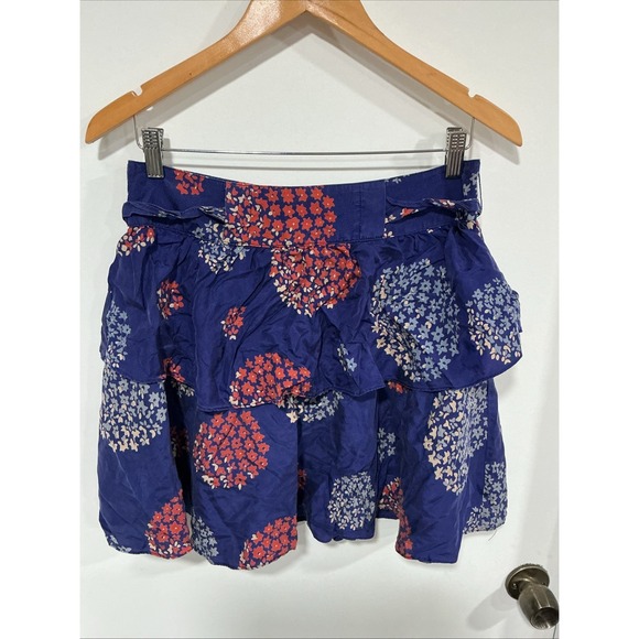 Odille Dresses & Skirts - Anthropologie Odille Silk Tiered Ruffle, Skirt Blue Red Floral,Sz 4, Lined